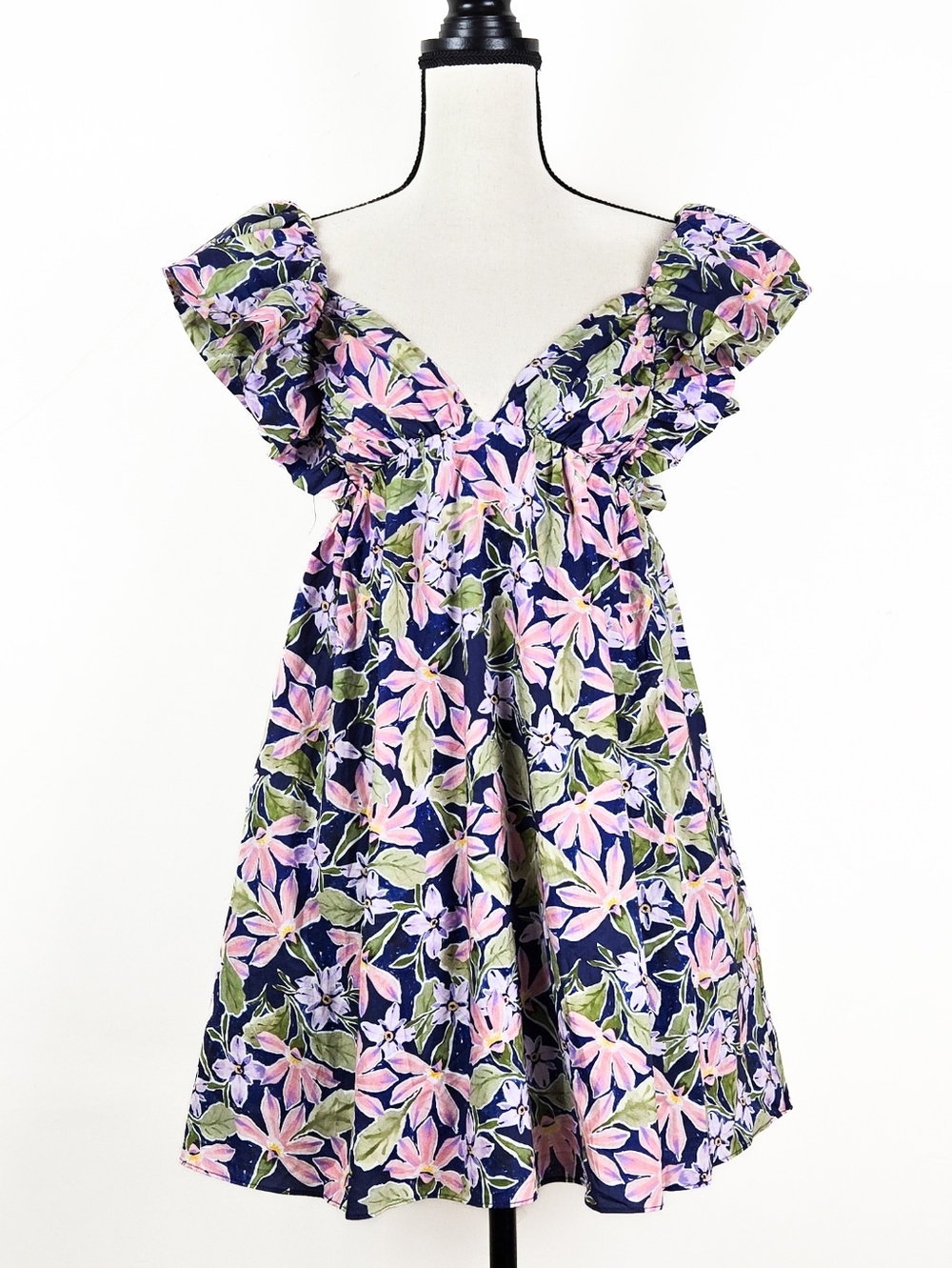 NWT Storia Navy Blue and Pink Floral Babydoll Mini Dress, Size Medium